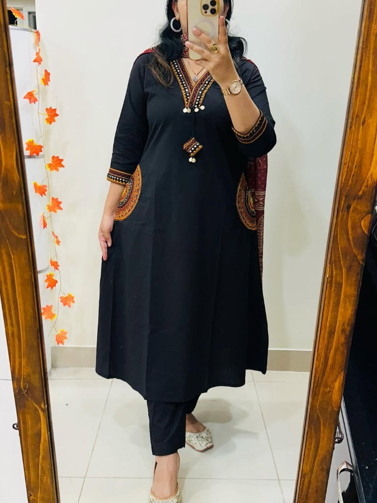Elegant Black Embroidered Kurta Set with Maroon Ajrakh Print Dupatta for Women