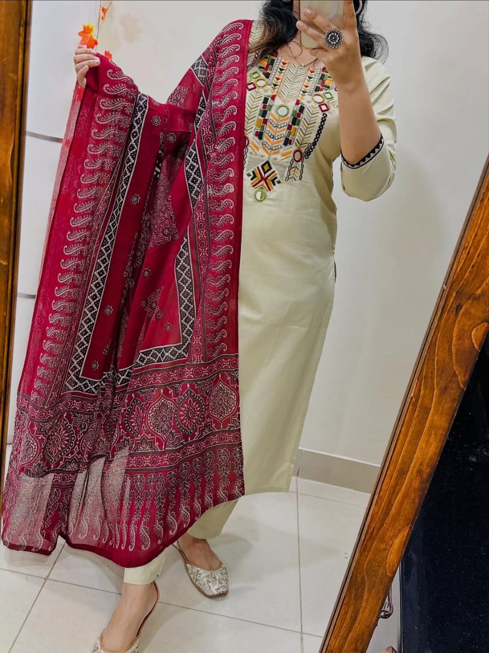 White Hand-Embroidered Kurta Set with Ajrakh Print Dupatta
