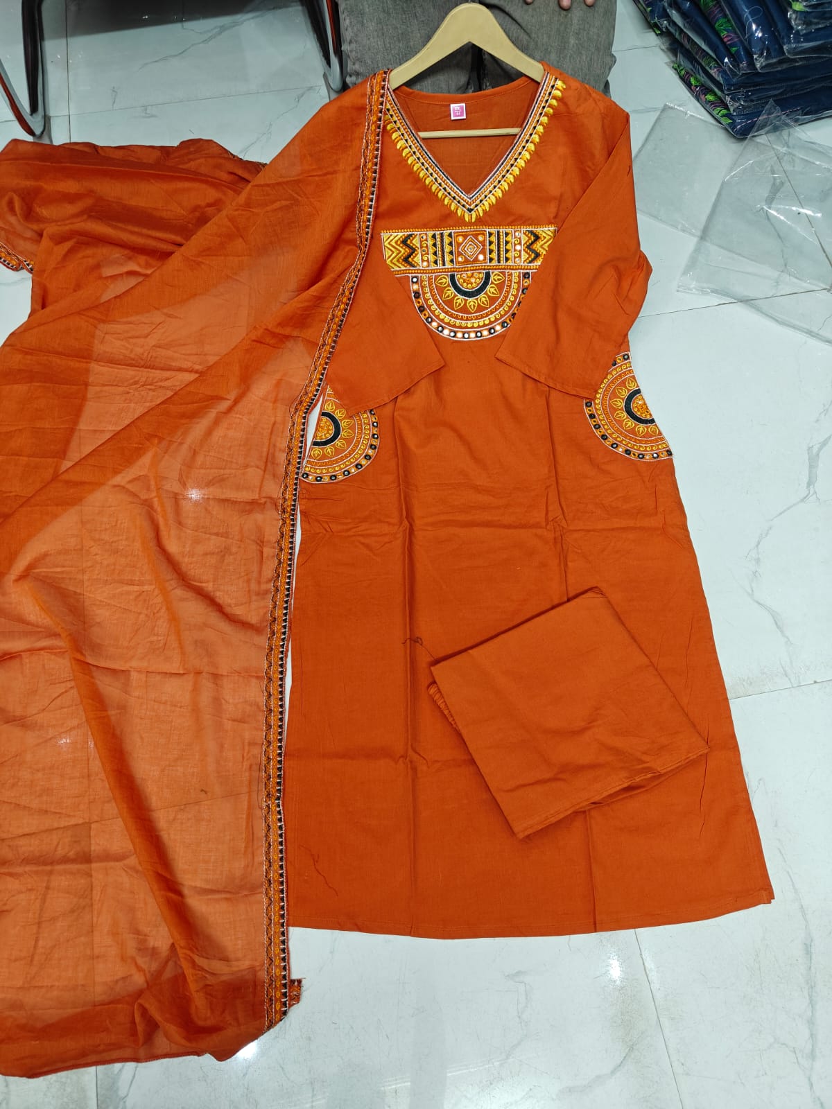 Embroidered Orange Cotton Kurti Pant with Dupatta Suit Set