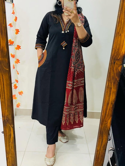 Elegant Black Embroidered Kurta Set with Maroon Ajrakh Print Dupatta for Women