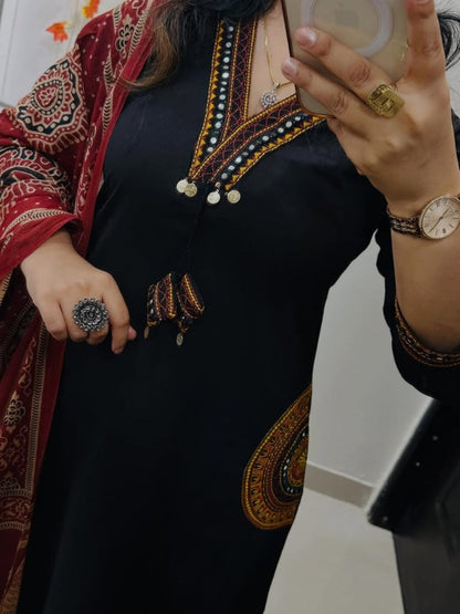 Elegant Black Embroidered Kurta Set with Maroon Ajrakh Print Dupatta for Women
