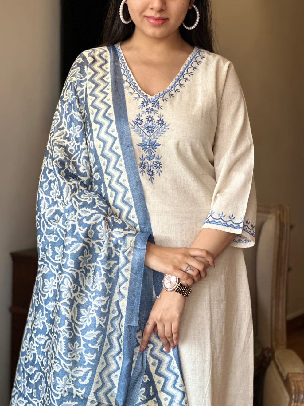 Off White Embroidered Cotton Flex Suit Set With Cotton Silk Dupatta