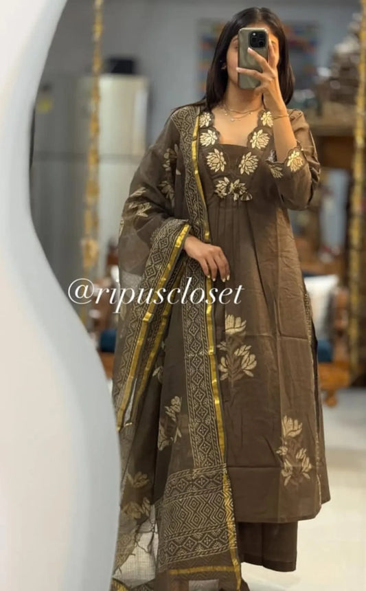 Coffee Embroidered Straight Kurta Set with Pants for Women