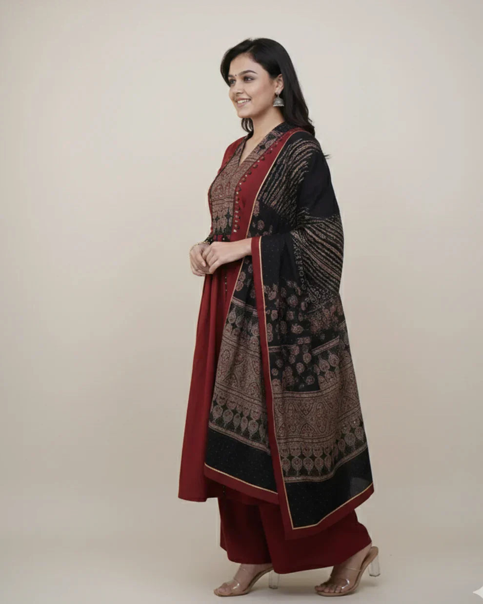 Women’s Maroon Cotton Kurta Pant Set with Embroidered Yoke & Printed Dupatta