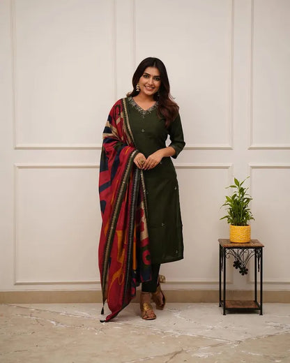Green Embroider and Zari Work Rayon Straight Kurta And Pant  with Silk Dupatta Set