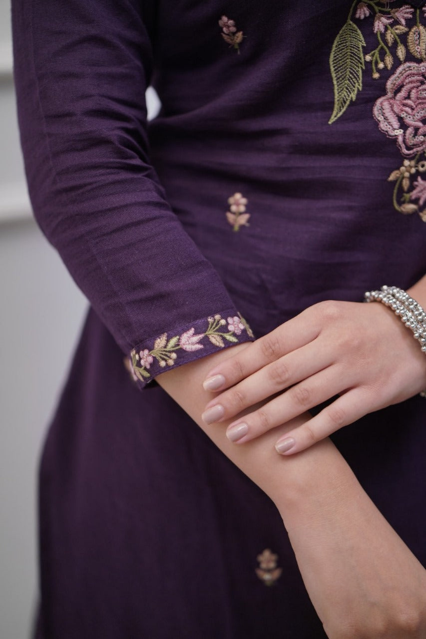 Purple Cotton Embroidered Kurta Pant And Dupatta Set