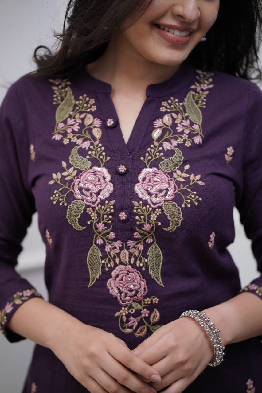 Purple Cotton Embroidered Kurta Pant And Dupatta Set