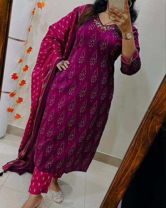 Magenta Ikka Print Cotton Kurta Set With Contrast Dupatta