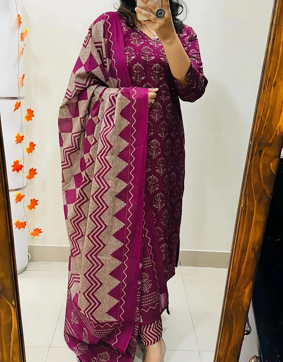 Women's Pure Cotton Printed Maroon Kurta With Pant And Dupatta