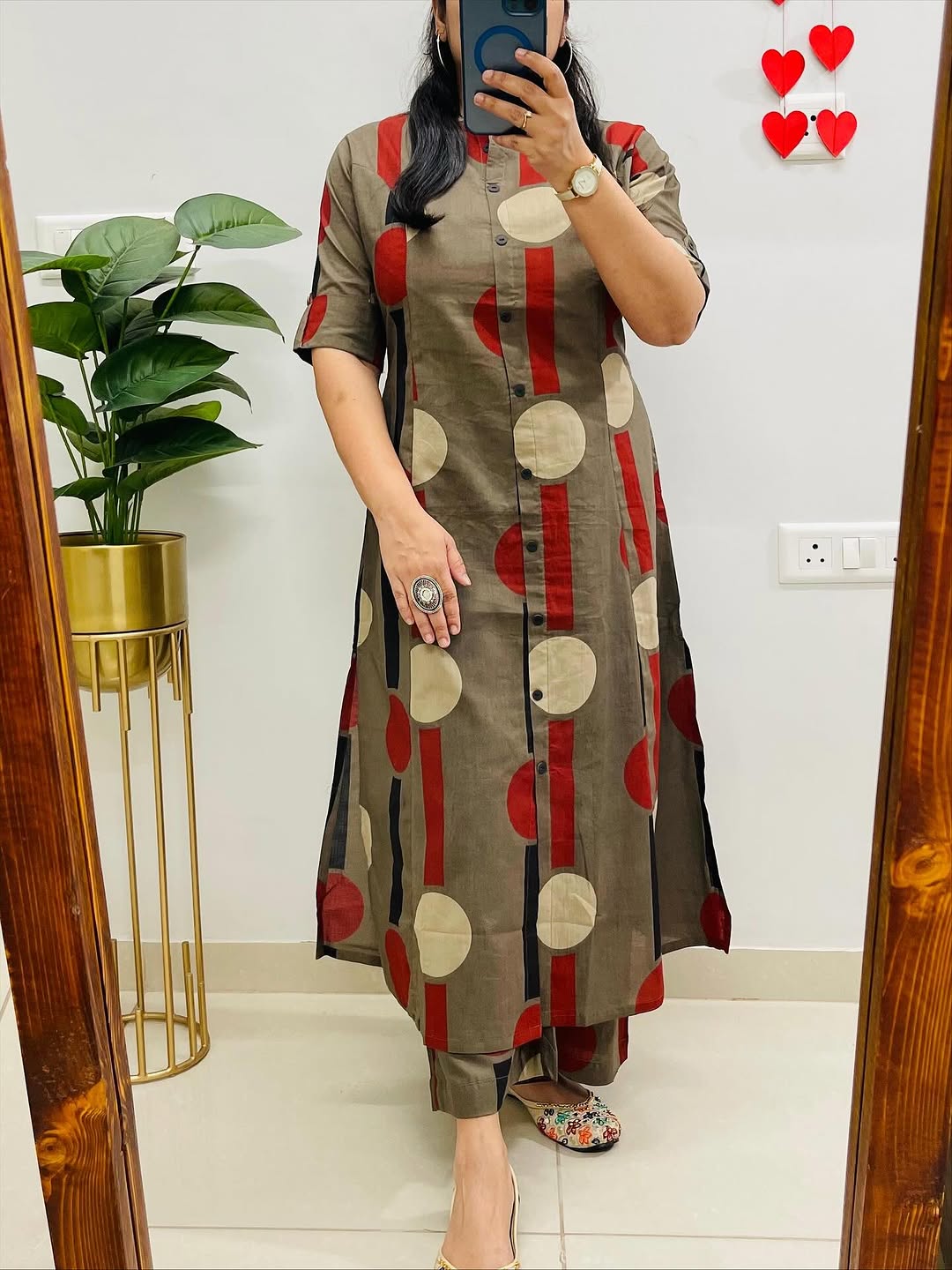 Olive Green Printed Kurta Set for Women with Pants