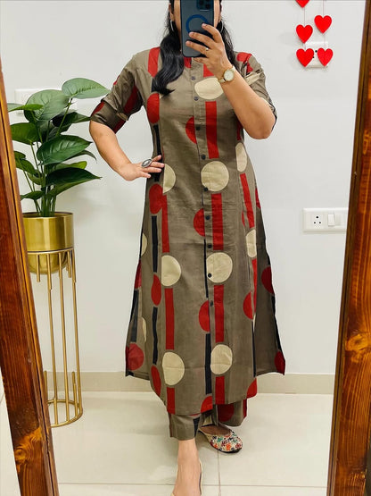Olive Green Printed Kurta Set for Women with Pants
