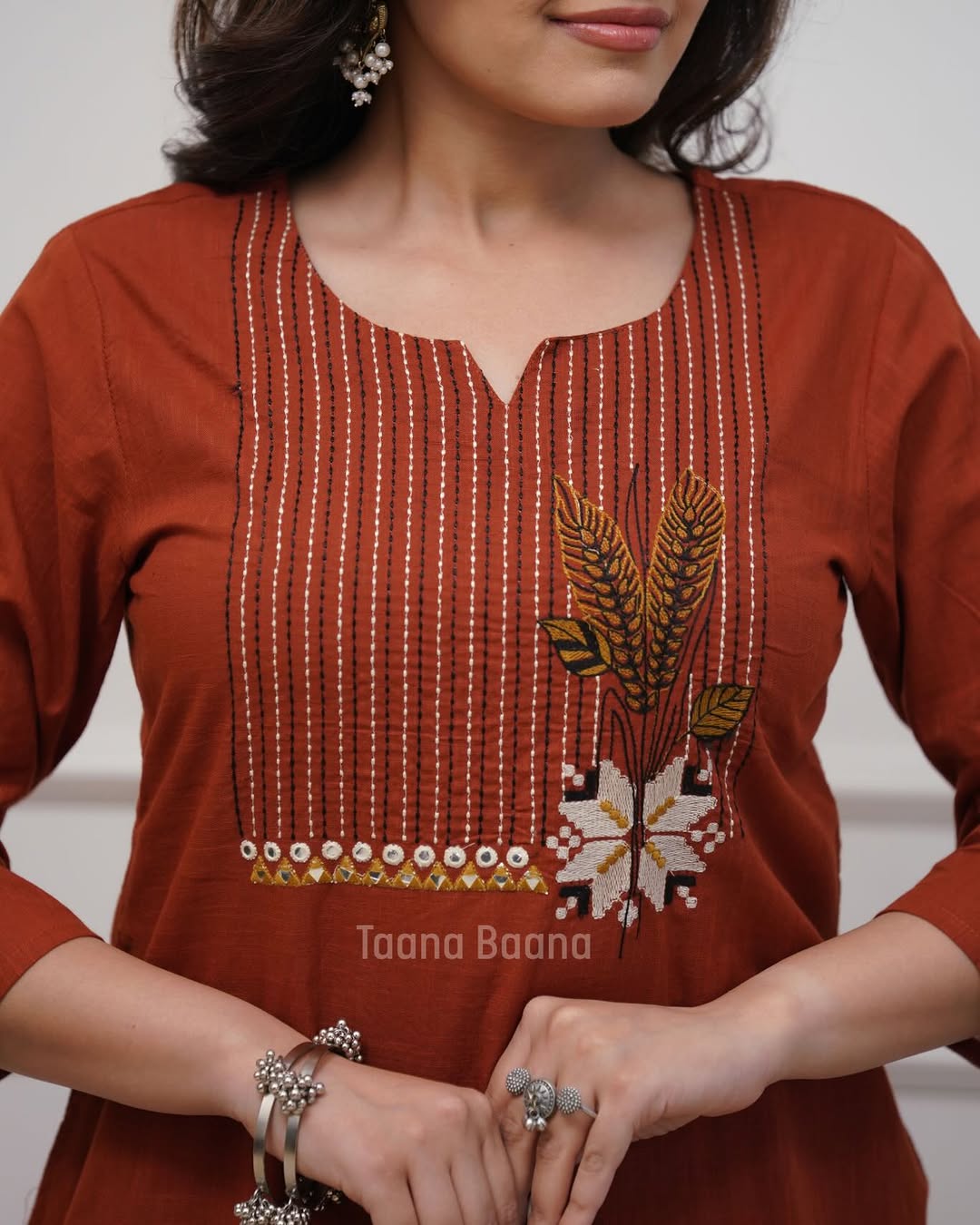 Rust Brown Cotton Kurta Pant Set with Printed Dupatta