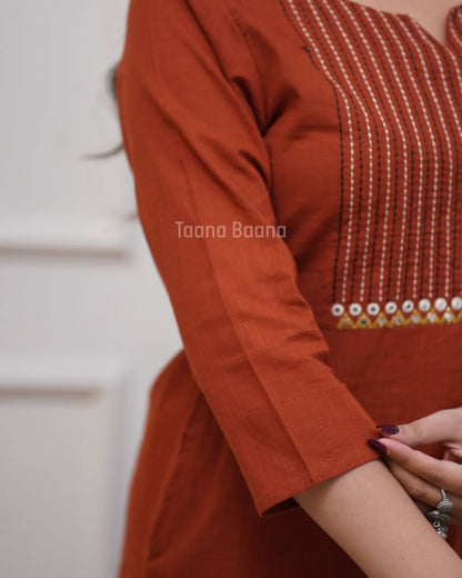 Rust Brown Cotton Kurta Pant Set with Printed Dupatta
