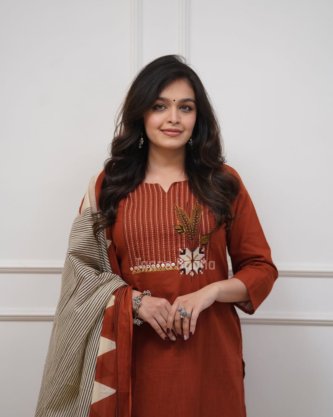 Rust Brown Cotton Kurta Pant Set with Printed Dupatta