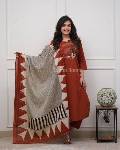 Rust Brown Cotton Kurta Pant Set with Printed Dupatta
