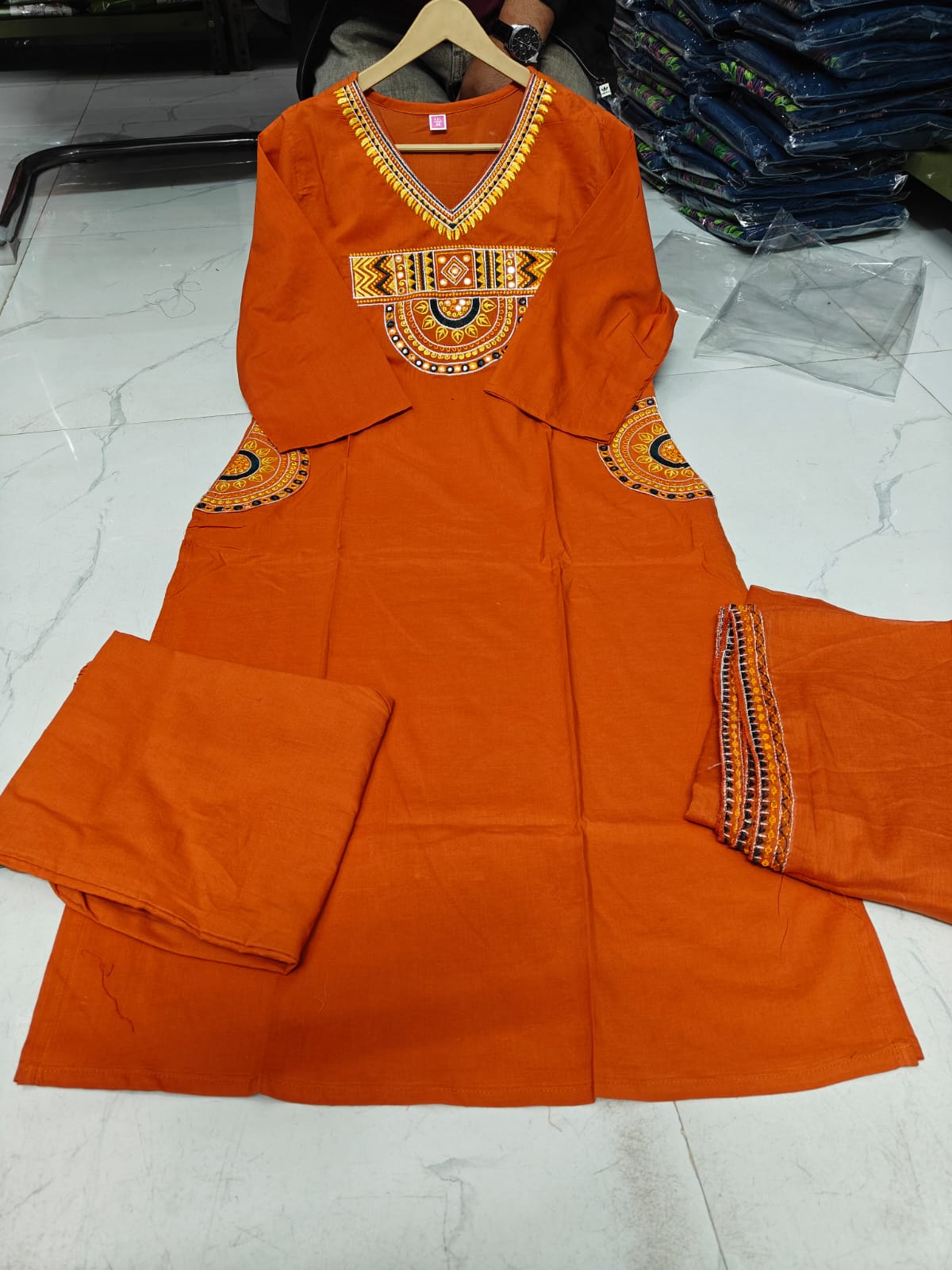Embroidered Orange Cotton Kurti Pant with Dupatta Suit Set