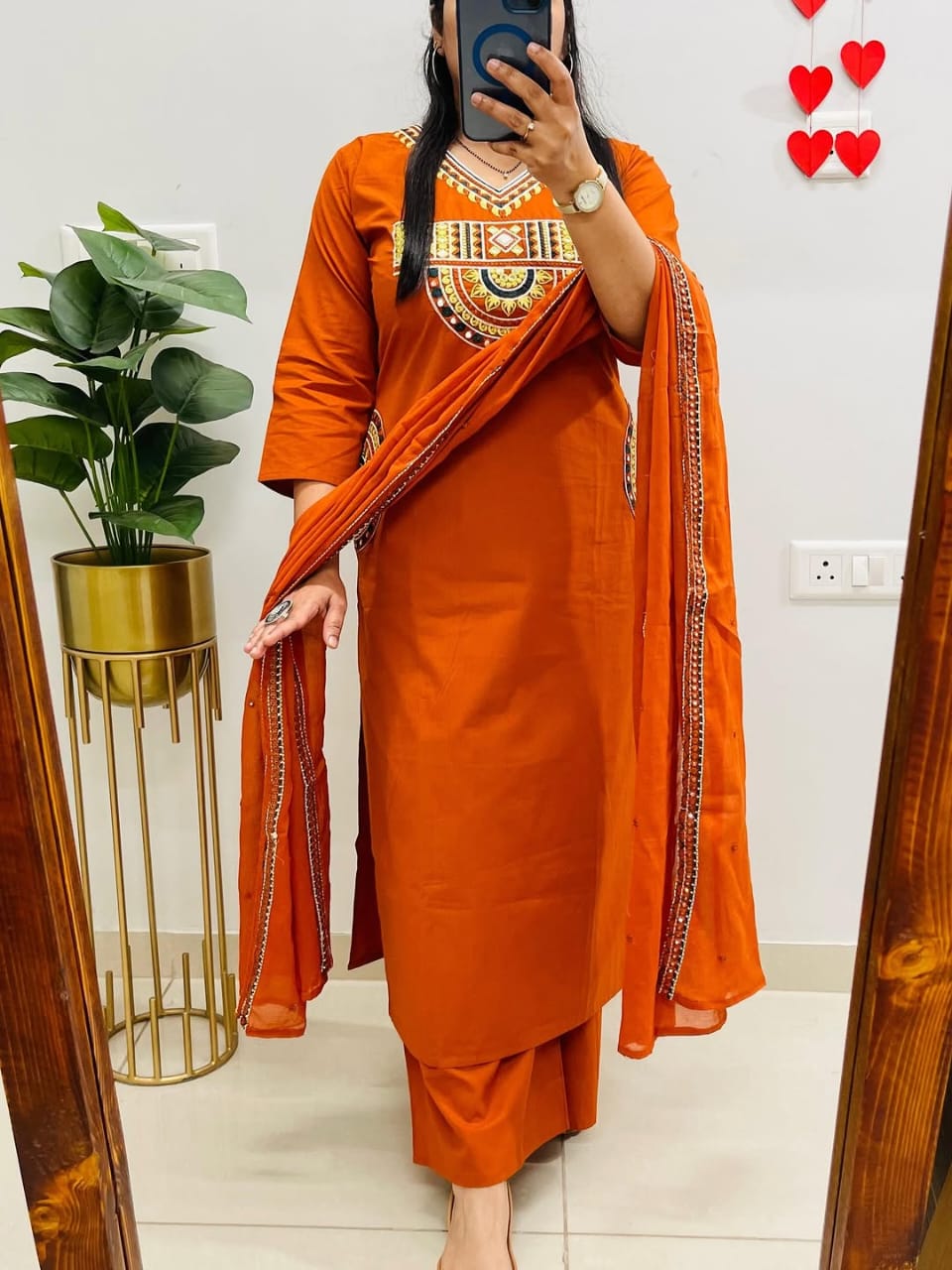 Embroidered Orange Cotton Kurti Pant with Dupatta Suit Set