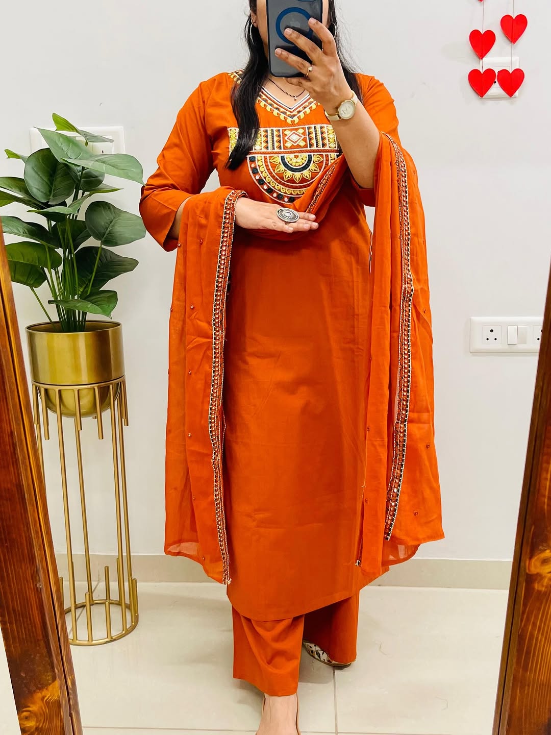 Embroidered Orange Cotton Kurti Pant with Dupatta Suit Set