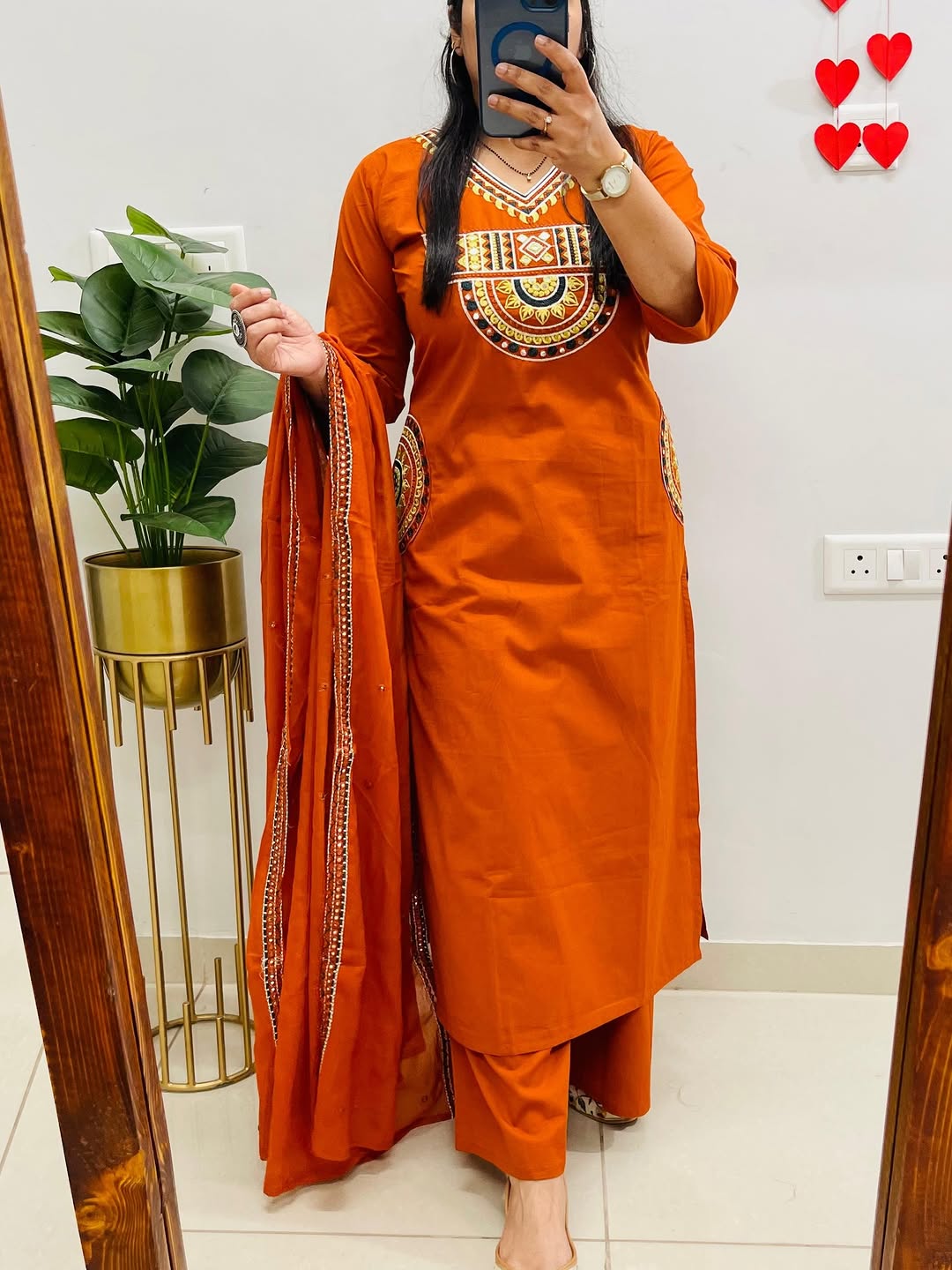 Embroidered Orange Cotton Kurti Pant with Dupatta Suit Set
