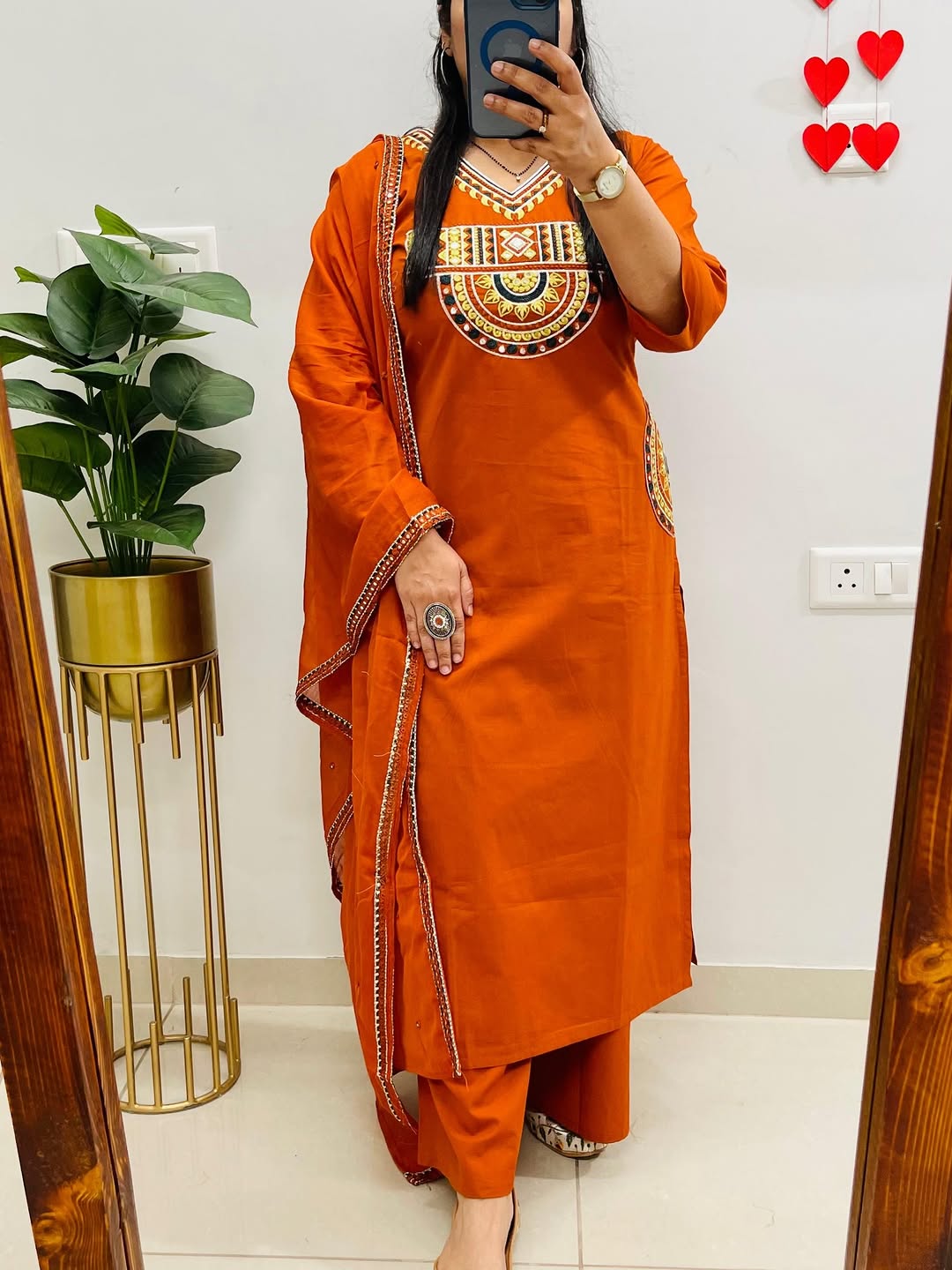 Embroidered Orange Cotton Kurti Pant with Dupatta Suit Set