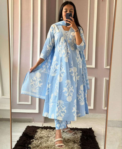 Premium Pure Cotton Printed Long Kurti With Pant And Dupatta Set