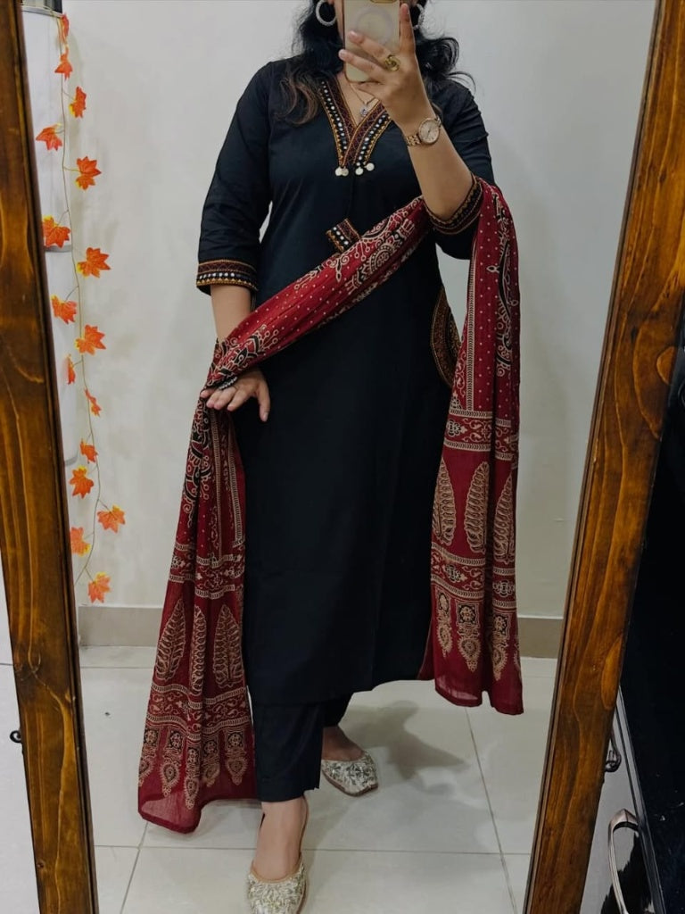 Elegant Black Embroidered Kurta Set with Maroon Ajrakh Print Dupatta for Women