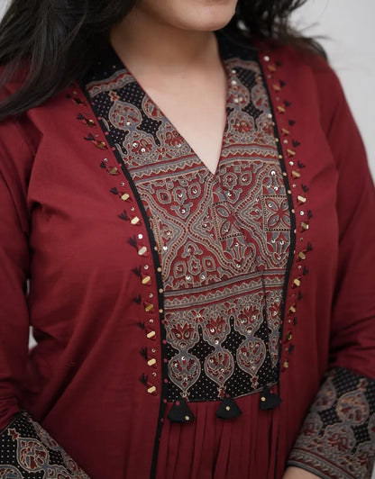 Women’s Maroon Cotton Kurta Pant Set with Embroidered Yoke & Printed Dupatta