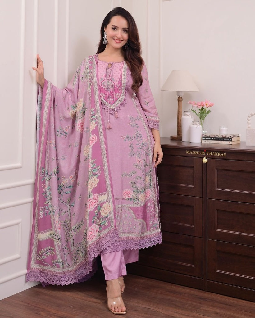 Dreamy Lavender Floral Print Kurta Set with Lace Border & Matching Dupatta