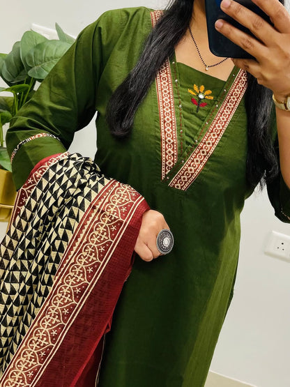 Dabu Cotton Green Kurta Set with Ajrakh Print Palazzo & Dupatta for Women