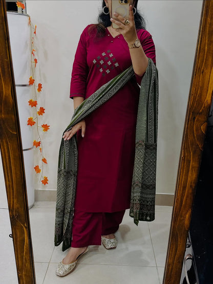 Classic Maroon Straight Kurta Set with Kalamkari Dupatta & Palazzos for Women