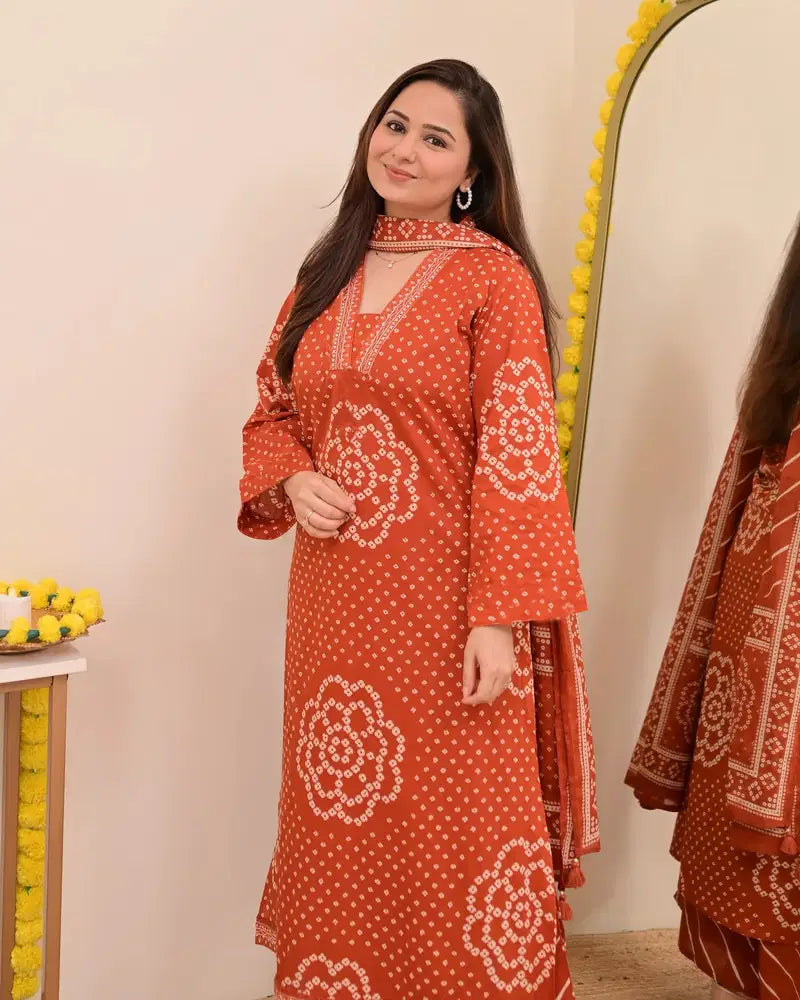 Rust Bandhej Cotton A Line Suit Set