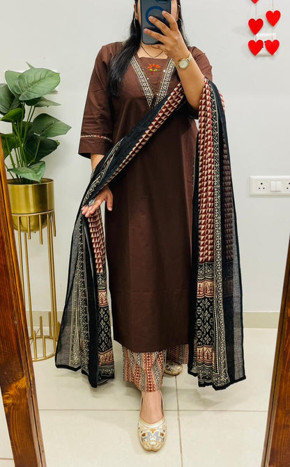 Dabu Cotton Coffee Suit Set with Ajrakh Print Palazzo & Dupatta with Pockets for Women