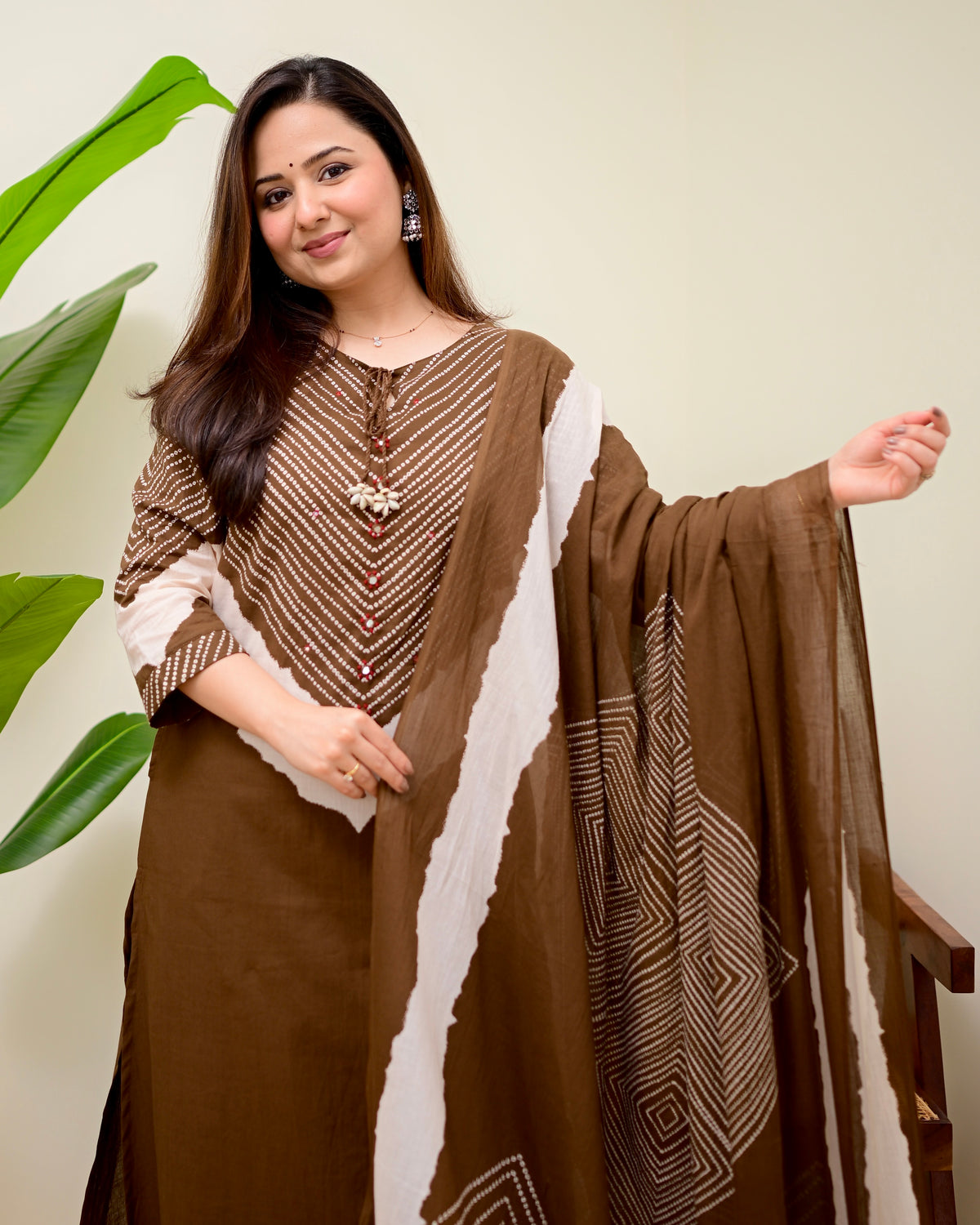 Mocha Bandhej Bloom Cotton Palazzo Suit