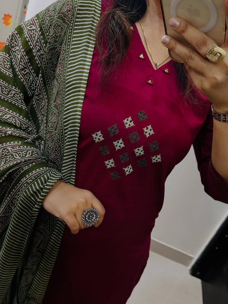 Classic Maroon Straight Kurta Set with Kalamkari Dupatta & Palazzos for Women