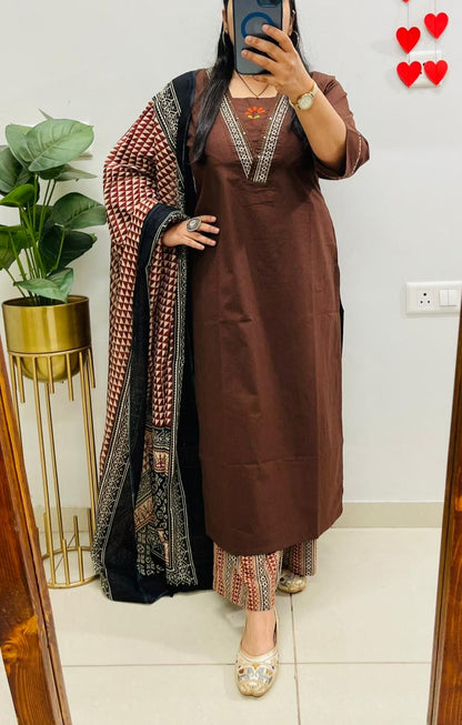 Dabu Cotton Coffee Suit Set with Ajrakh Print Palazzo & Dupatta with Pockets for Women