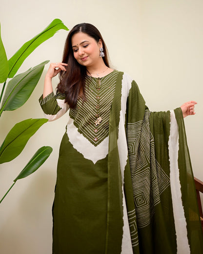 Olive Bandhej Aura Cotton Palazzo Suit