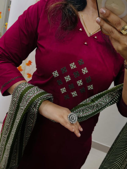 Classic Maroon Straight Kurta Set with Kalamkari Dupatta & Palazzos for Women